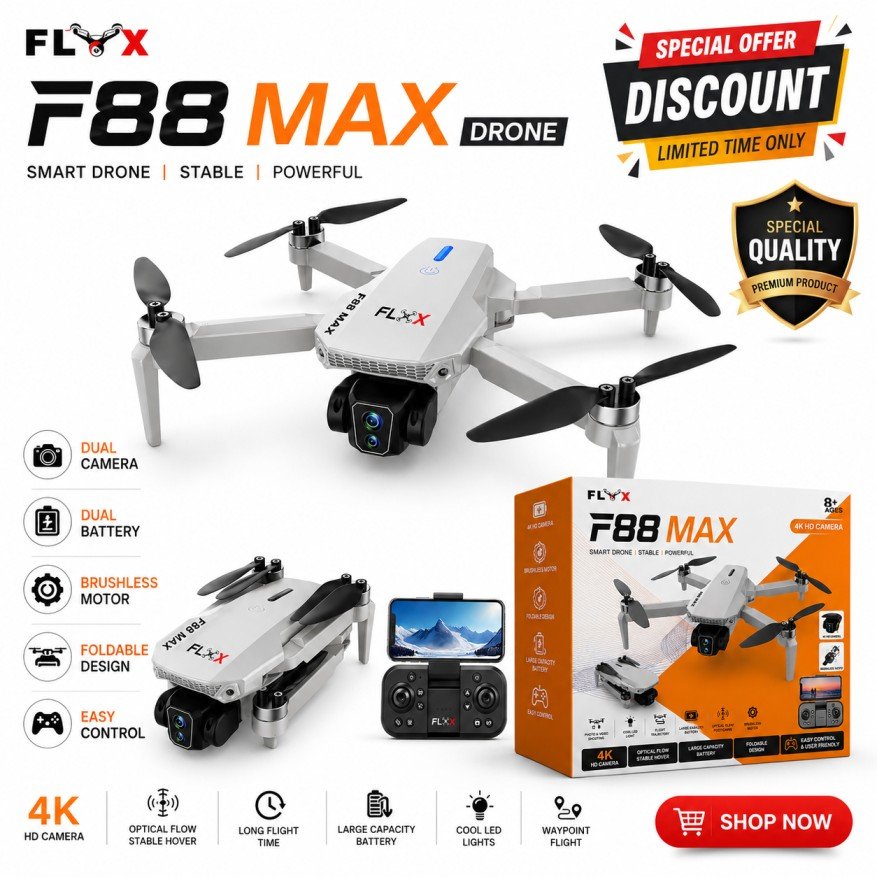 FLH F88 Max Dual Camera Drone with Remote Camera Rotation, Dual Battery, Brushless Motor, Foldable Design, Stable Flight Control & Long Flying Time in Bangladesh